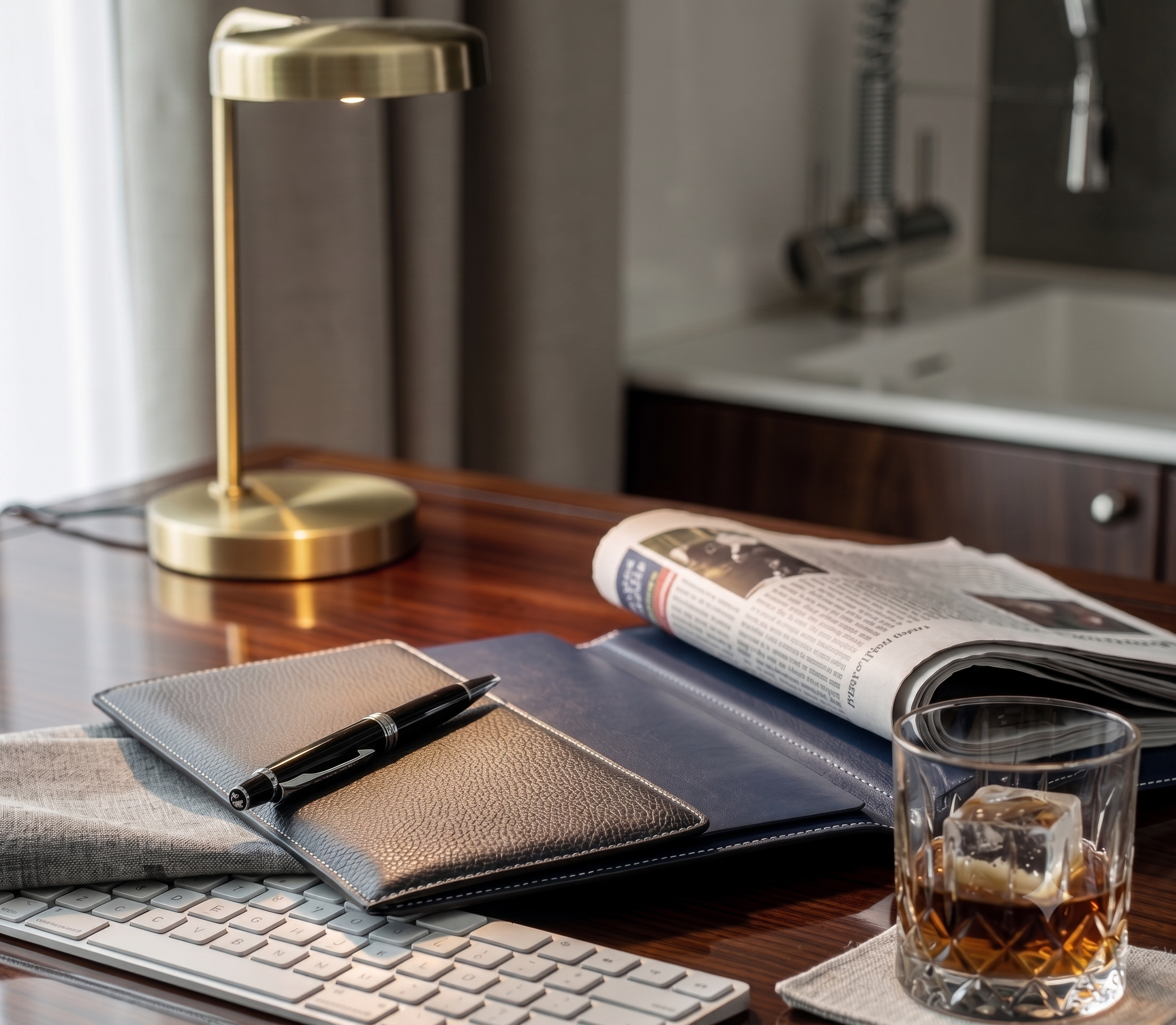 Detail of an executive workspace — walnut desk, leather folio, pen, evening light