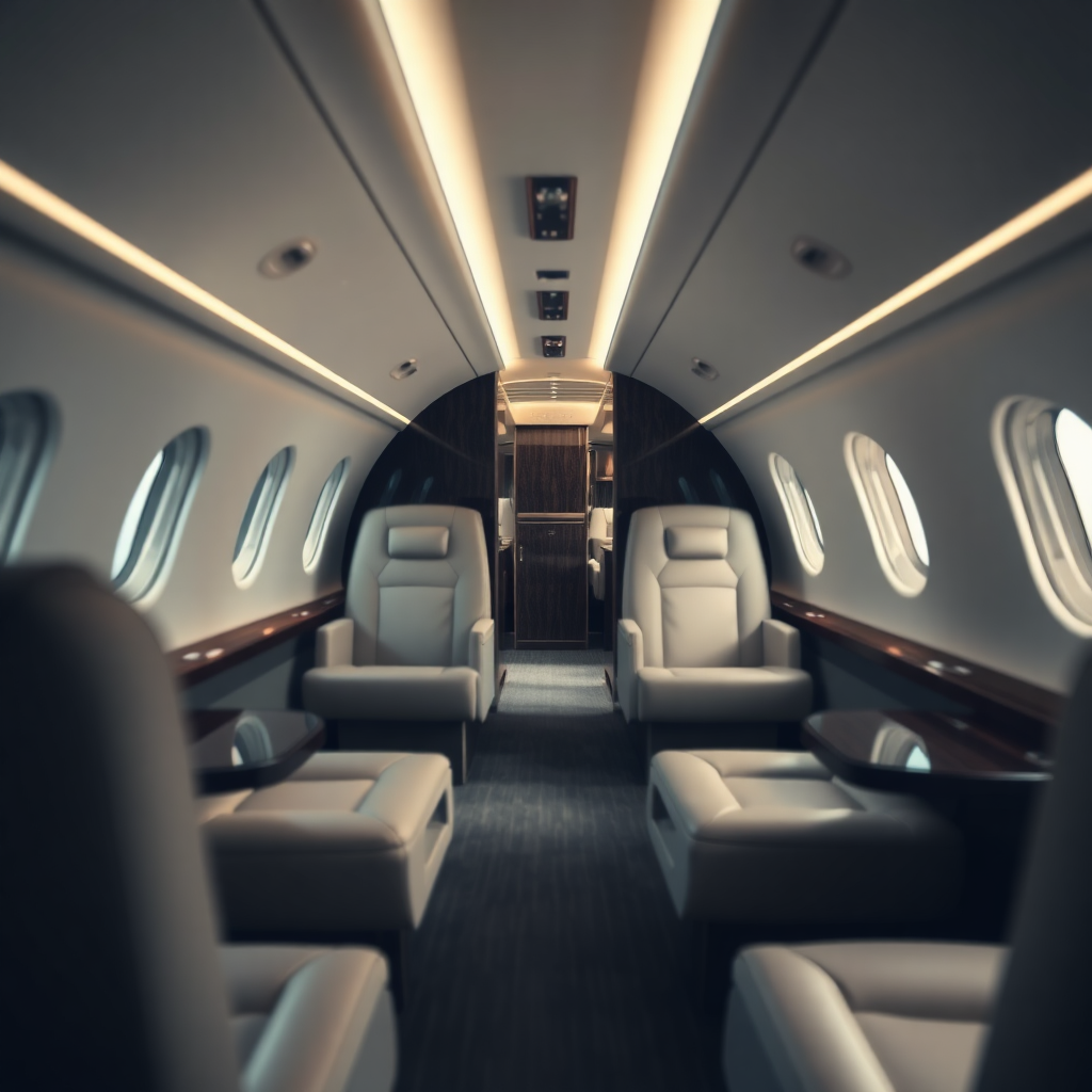 A cinematic, high-fashion editorial shot of a luxurious private jet interior, muted lighting, elegant focal blur, deep navy and pale ice tones, sophisticated atmosphere