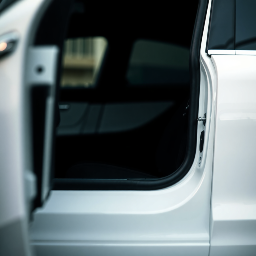 Abstract, elegant detail shot of a luxury vehicle door opening, soft focus, high contrast editorial style