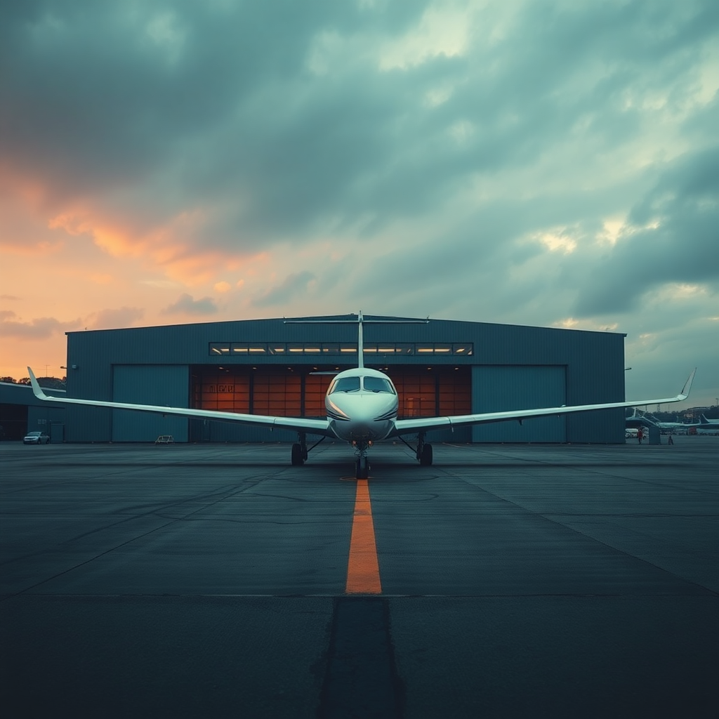 Cinematic shot of a private aviation terminal tarmac, muted colors, moody sky, editorial fashion style
