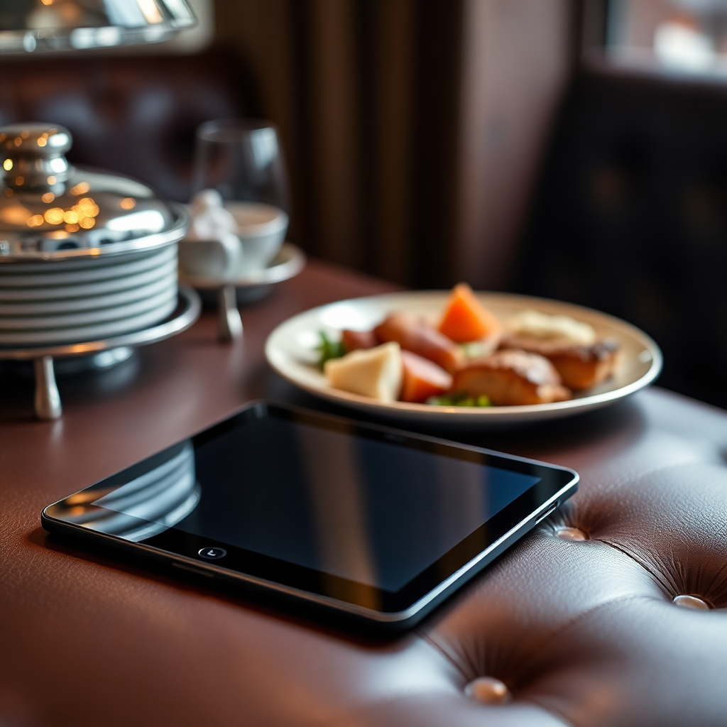Detail shot of high-end catering and a tablet on a leather table, soft lighting, luxury texture