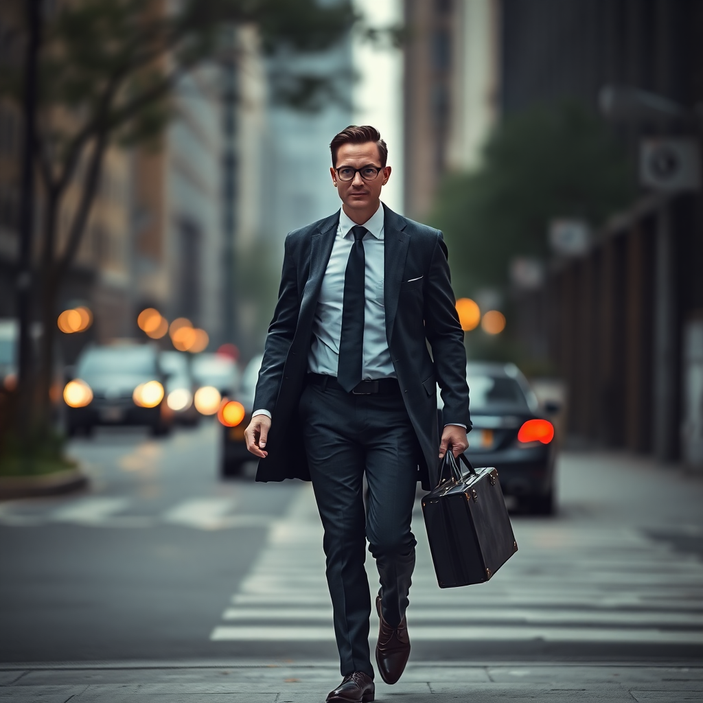 Elegant executive stepping out into a city street, blurred background, dynamic but composed, high contrast